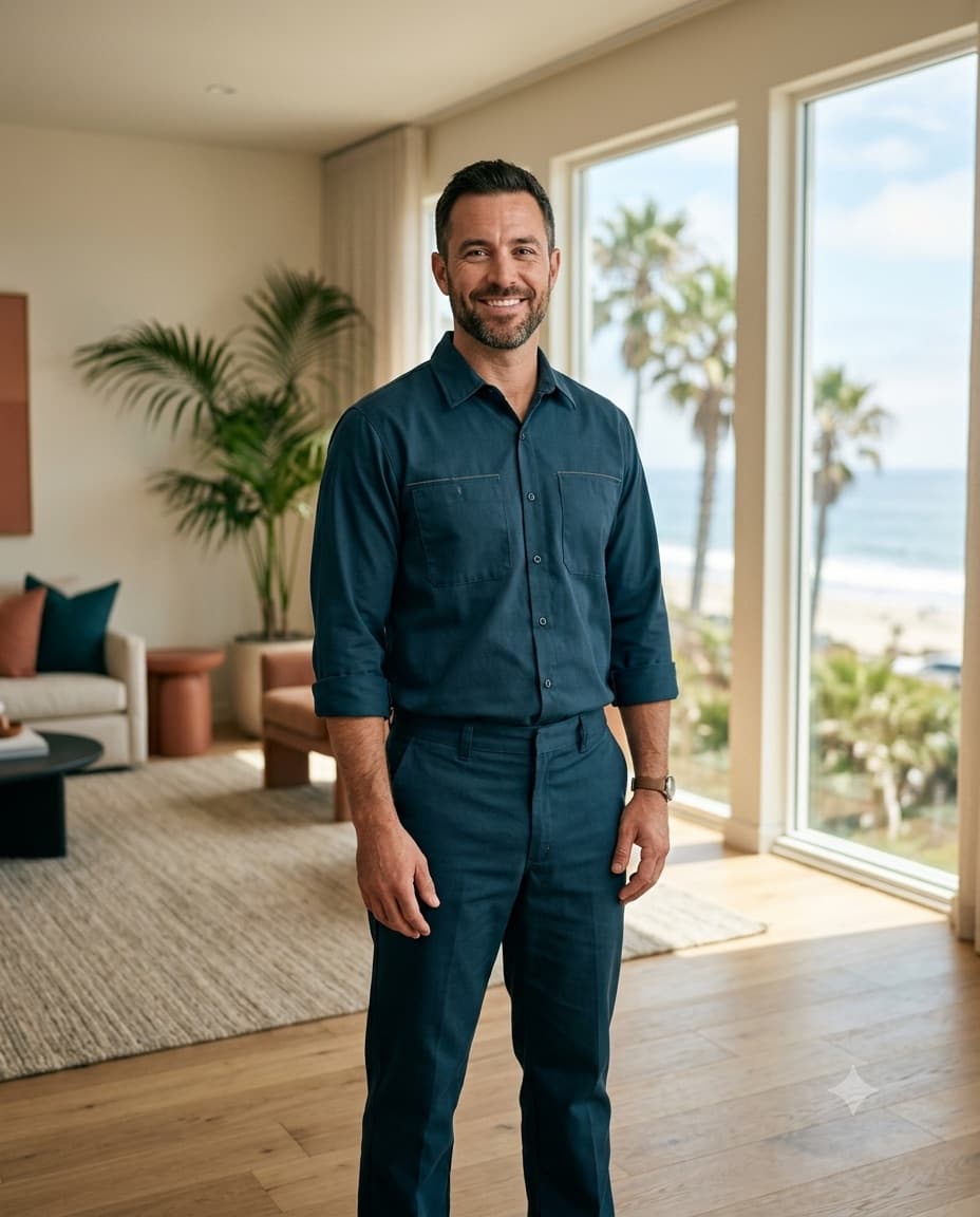 Friendly Coastline HVAC technician in a navy uniform standing in a bright coastal Newport Beach living room with the ocean visible through the windows